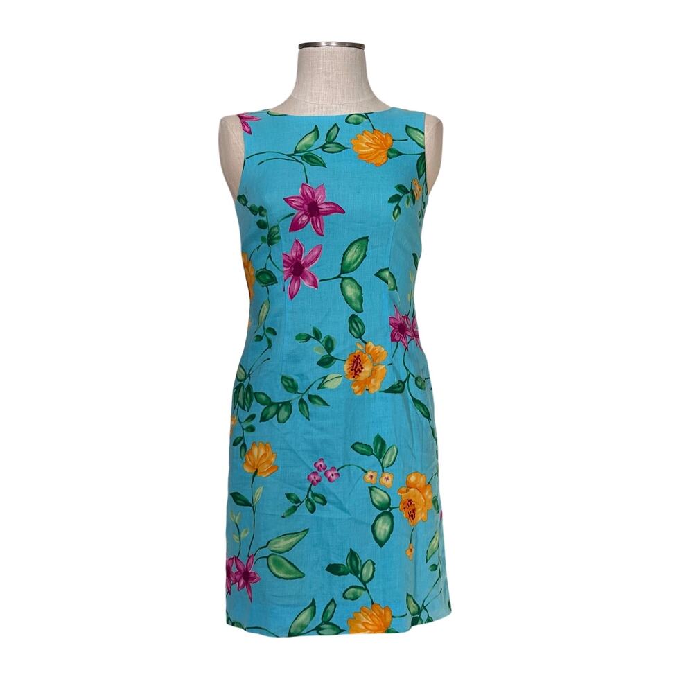 Talbots Blue Floral 100% Linen dress Womens Sz 4 Sheath Sleeveless Summer Party - Picture 2 of 16